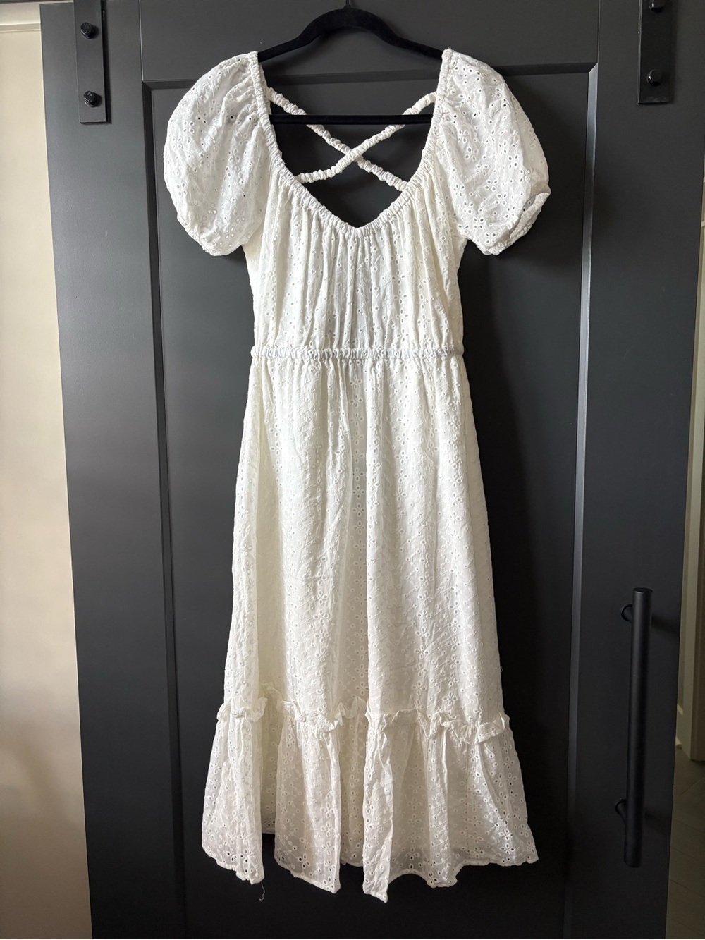 Lulu's White Eyelet Midi Dress with Puff Sleeves